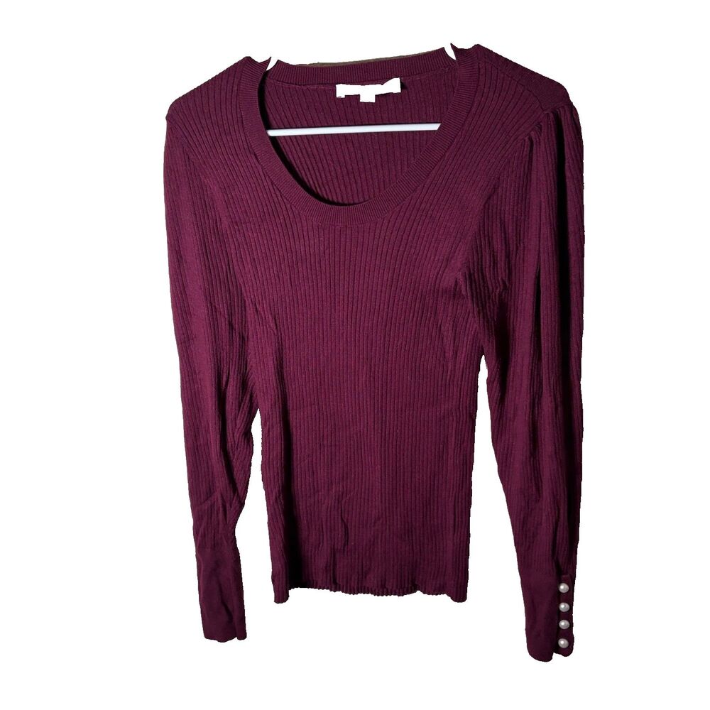 Loft Sweater Women's XL Maroon Ribbed Knit Button Sleeve Round Neck Pullover